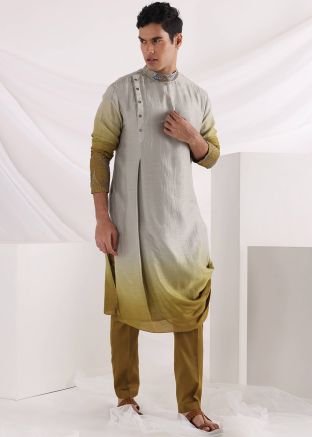 Green & Grey Beads Work Asymmetric Kurta & Pajama