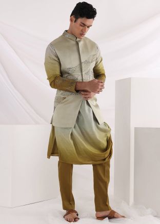 Green & Grey Asymmetric Kurta Pajama With Beaded Jacket