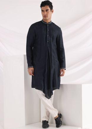 Blue Mens Embroidered Asymmetric Kurta Pajama