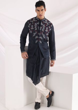 Blue Asymmetric Kurta Pajama With Patch Worked Jacket