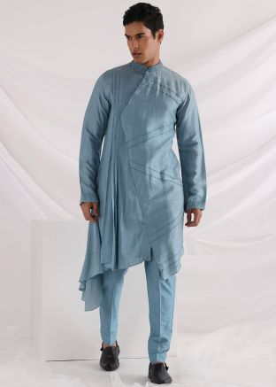 Blue Asymmetric Silk Plain Kurta & Pajama For Men
