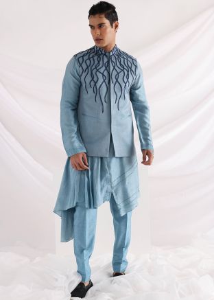 Blue Asymmetric Kurta Pajama With Embroidered Jacket