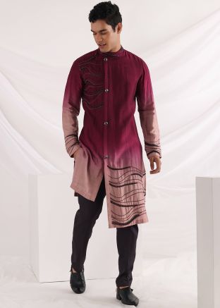 Magenta Beads Embroidered Asymmetric Kurta & Pajama