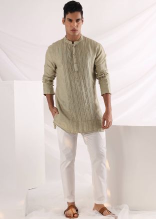 Green Plain Linen Short Kurta & Pajama For Men