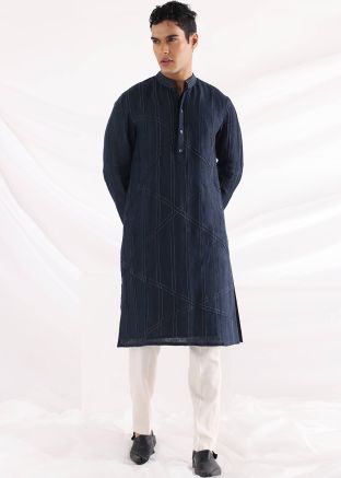 Blue Linen Tuck Detailed Plain Kurta With Pant