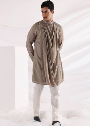 Beige Cut Beaded Cowl Style Short Kurta With Pant