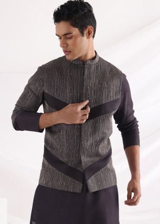 Black Thread Embroidered Nehru Jacket In Linen