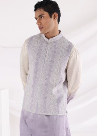 Purple Linen Nehru Jacket With Beads Work