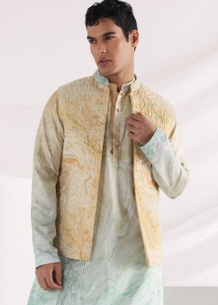 Multicolor Printed Quilt Nehru Jacket In Silk