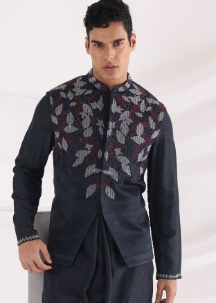 Blue Patch Worked Mens Nehru Jacket In Linen
