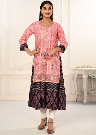 Pink & Red Twin Layered Printed Kurta
