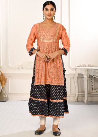 Peach & Blue Printed Twin Layered Kurti
