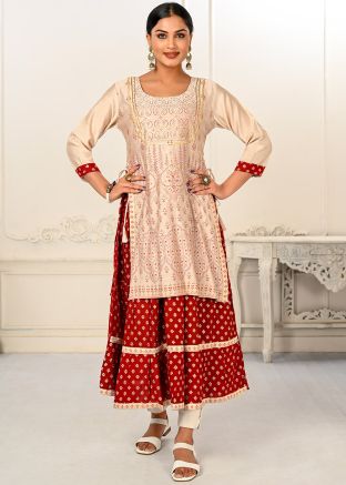 Beige & Red Twin Layered Kurti In Cotton