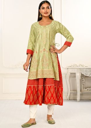 Green & Red Cotton Twin Layered Kurti