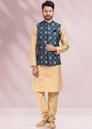 Beige Readymade Kurta Pajama In Art Banarasi Silk