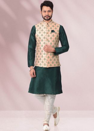 Green Readymade Kurta Pajama With Nehru Jacket