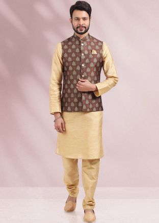 Beige Readymade Kurta Pajama With Nehru Jacket