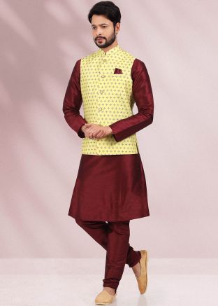 Maroon Readymade Kurta Pajama & Printed Jacket