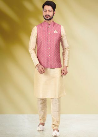 Cream Readymade Kurta Pajama & Nehru Jacket