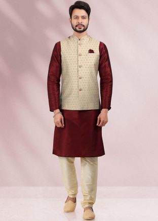 Maroon Readymade Kurta Pajama With Nehru Jacket