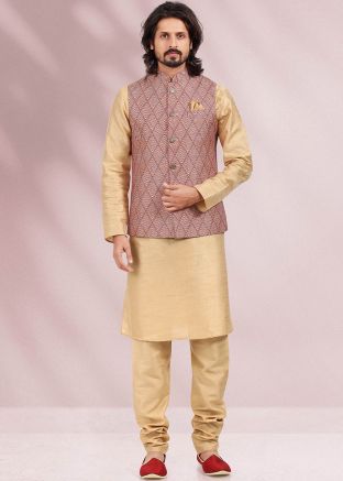 Golden Readymade Kurta Pajama & Nehru Jacket
