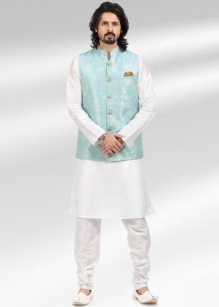 Off White Banarasi Silk Kurta Pajama & Nehru Jacket
