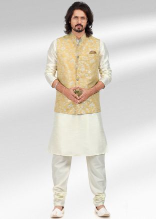 Readymade Cream Kurta Pajama With Woven Jacket