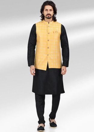 Black Kurta Pajama With Woven Nehru Jacket