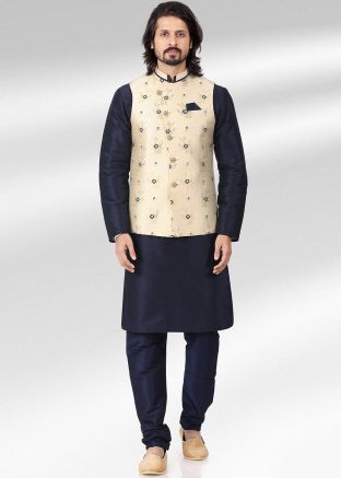 Navy Blue Kurta Churidar & Woven Nehru Jacket