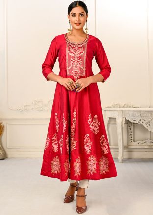 Red Flared Style Printed Cotton Kurta