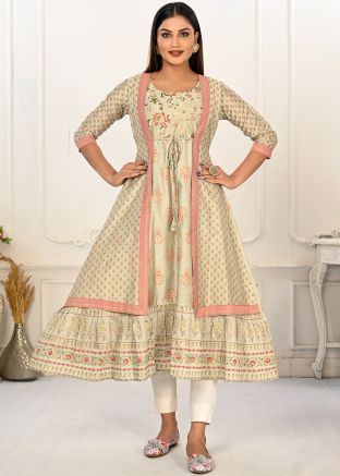 Green Jacket Style Printed Flared Kurta