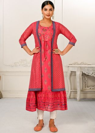 Red jacket Style Printed Cotton Kurta