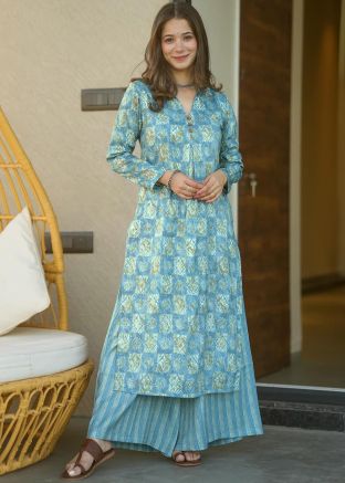 Blue Readymade Cotton Palazzo Kurta Set In Print