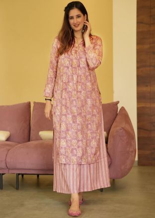 Pink Printed Readymade Palazzo Kurta Set In Cotton