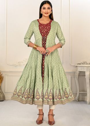 Maroon Printed Jacket Style Kurta In Cotton