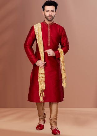 Red Dupion Silk Kurta Pajama Set
