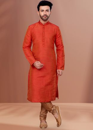 Orange Festive Kurta Pajama Set In Dupion Silk