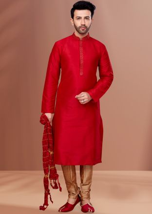 Red Embroidered Kurta Pajama In Dupion Silk