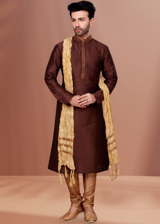 Brown Dupion Silk Kurta Pajama Set