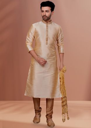 Cream Kurta Pajama Set In Dupion Silk