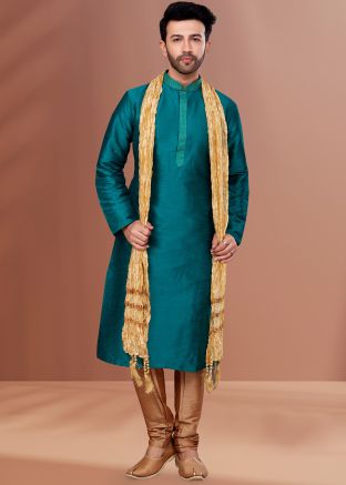 Blue Festive Kurta Pajama Set In Dupion Silk