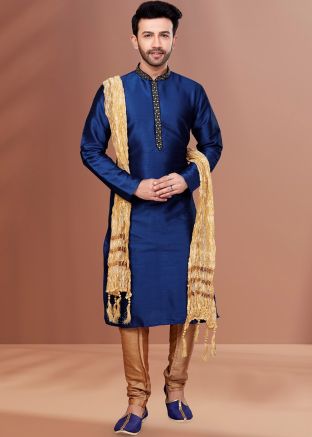 Blue Readymade Embroidered Kurta Pajama Set 
