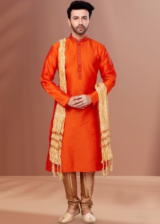 Orange Readymade Kurta Pajama Set