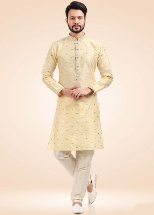 Cream Woven Jacquard Mens Kurta Pajama