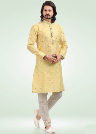 Yellow Readymade Woven Kurta Pajama