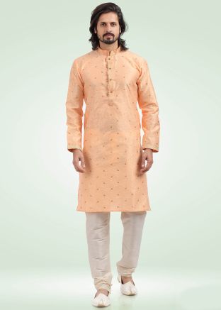 Peach Woven Jacquard Kurta Pajama For Men