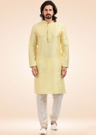Yellow Mens Woven Kurta Pajama