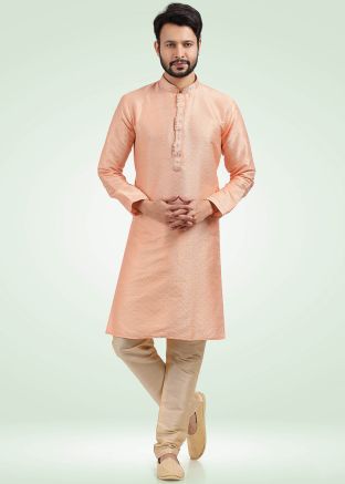 Peach Mens Woven Jacquard Kurta Pajama