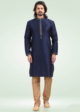 Blue Woven Jacquard Mens Kurta Pajama