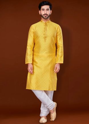 Yellow Woven Kurta Pajama In Jacquard